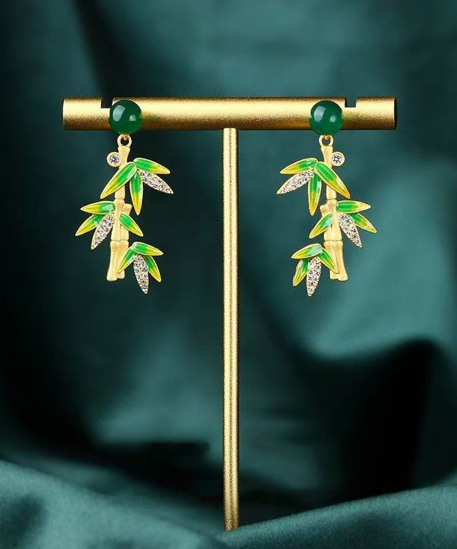 Chinese Style Green Sterling Silver Overgild Chalcedony Bamboo Leaves Drop Earrings