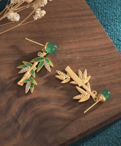 Chinese Style Green Sterling Silver Overgild Chalcedony Bamboo Leaves Drop Earrings