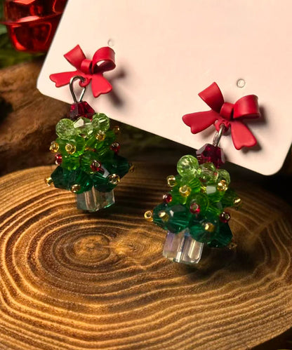 Chinese Style Green Sterling Silver Overgild Christmas Tree Bow Stud Earrings