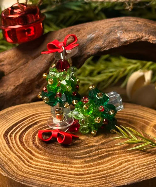 Chinese Style Green Sterling Silver Overgild Christmas Tree Bow Stud Earrings