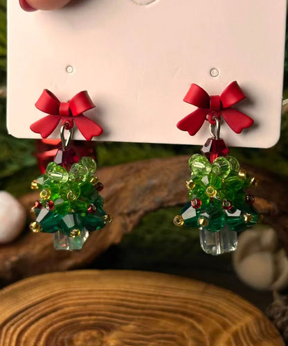 Chinese Style Green Sterling Silver Overgild Christmas Tree Bow Stud Earrings