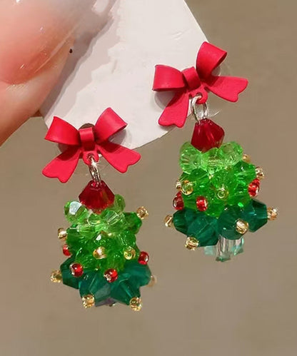 Chinese Style Green Sterling Silver Overgild Christmas Tree Bow Stud Earrings
