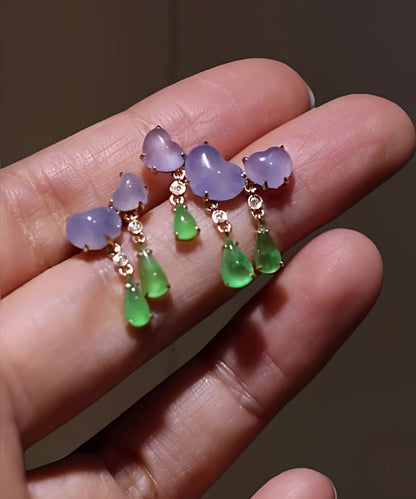 Chinese Style Green Sterling Silver Overgild Jade Tassel Drop Earrings