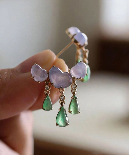 Chinese Style Green Sterling Silver Overgild Jade Tassel Drop Earrings