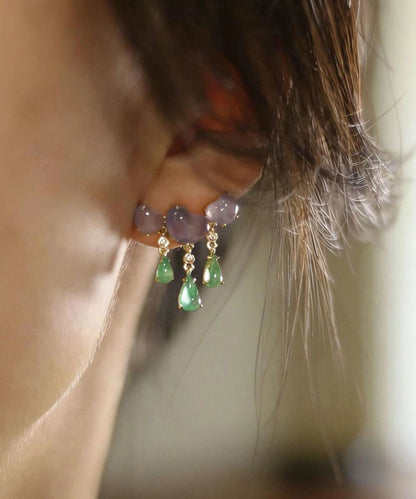 Chinese Style Green Sterling Silver Overgild Jade Tassel Drop Earrings
