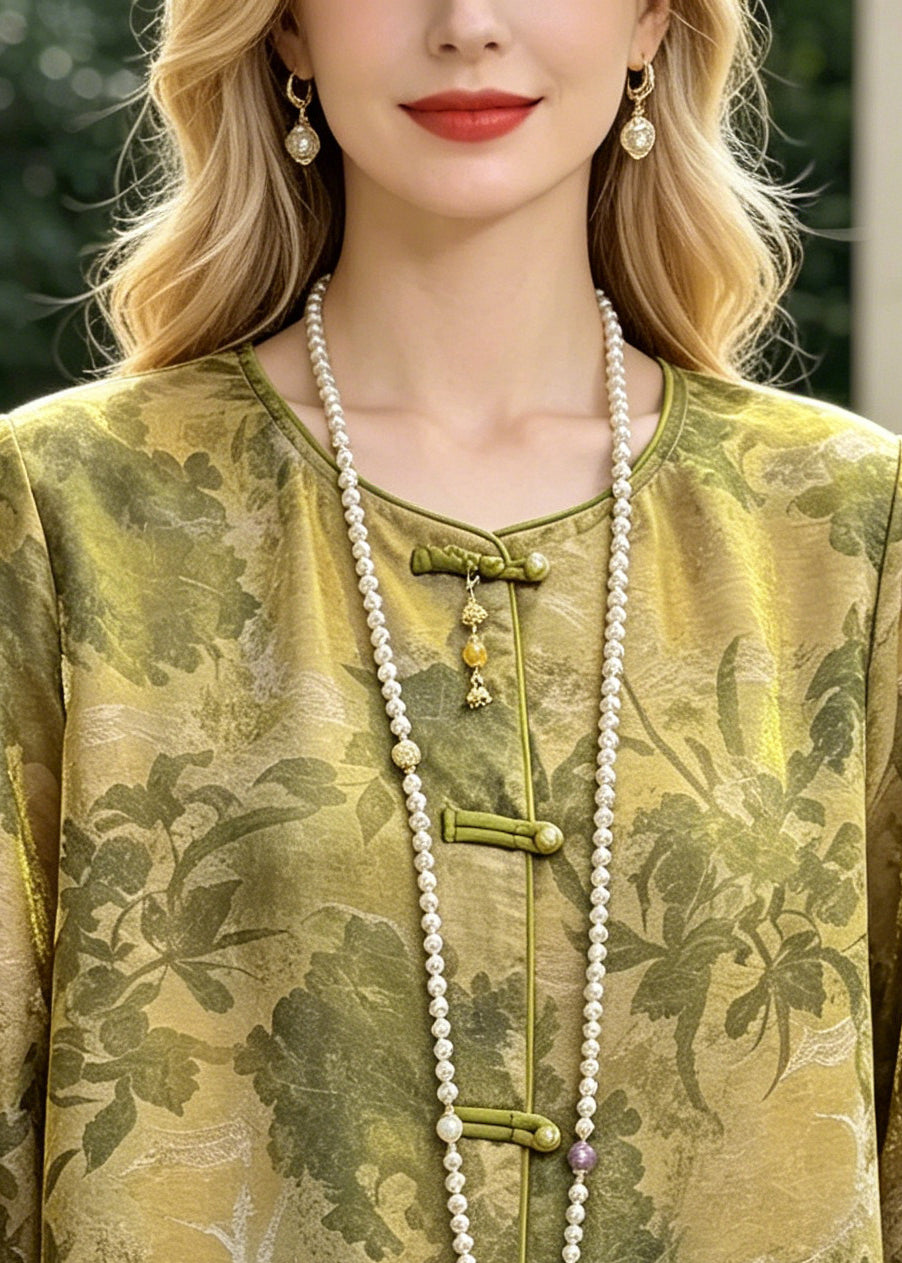 Chinese Style Green Tasseled Print Silk Shirt Top Summer