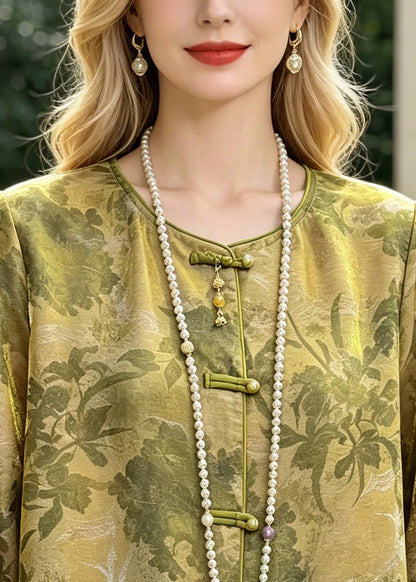 Chinese Style Green Tasseled Print Silk Shirt Top Summer
