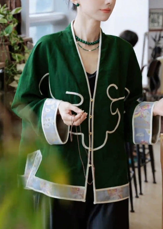 Chinese Style Green V Neck Patchwork Cotton Cardigan Spring