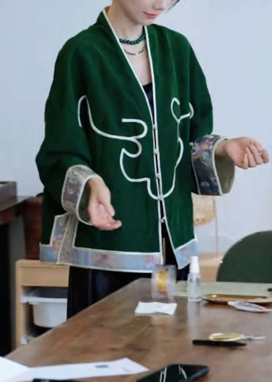 Chinese Style Green V Neck Patchwork Cotton Cardigan Spring