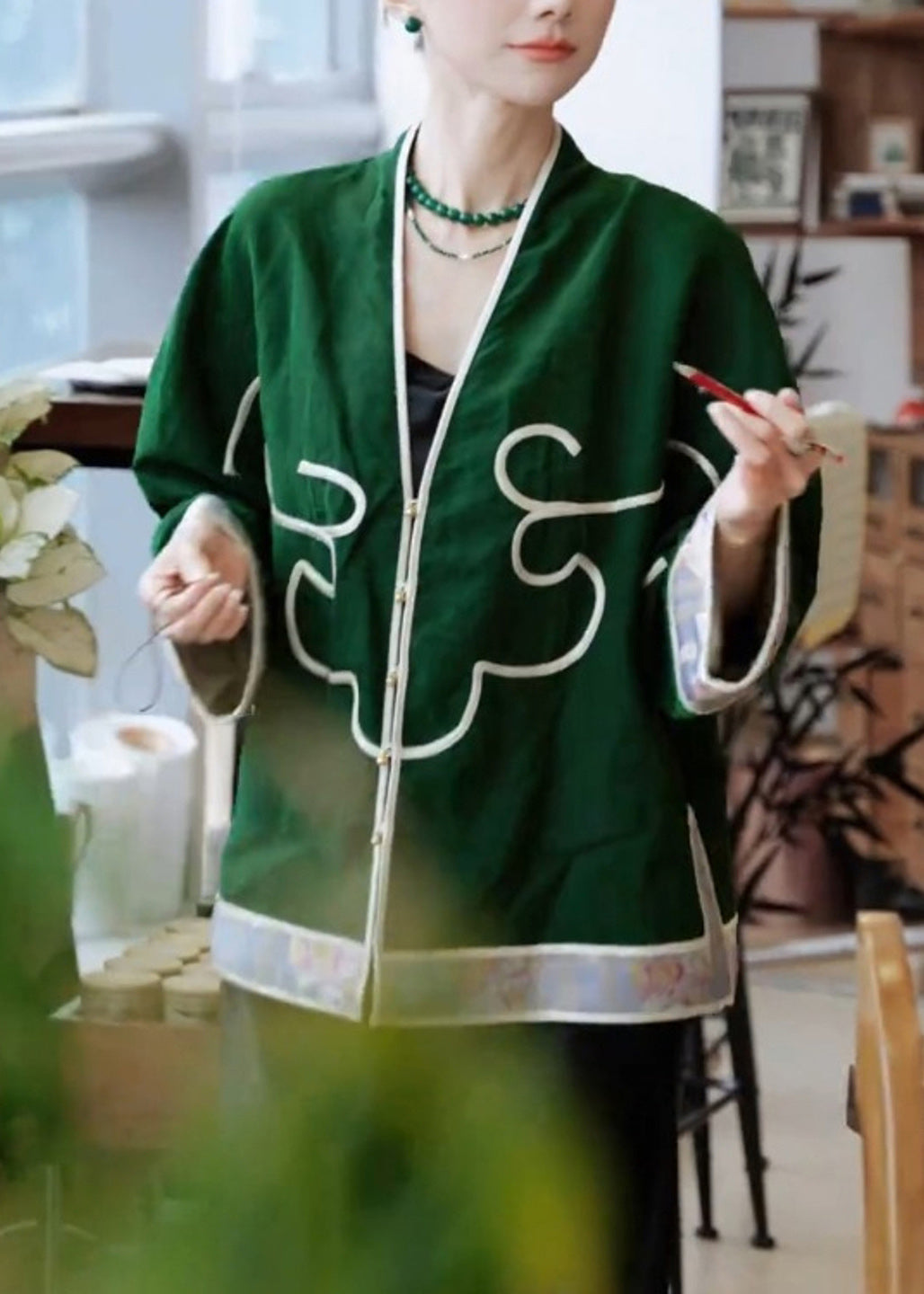Chinese Style Green V Neck Patchwork Cotton Cardigan Spring