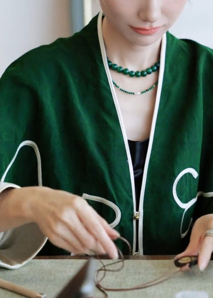 Chinese Style Green V Neck Patchwork Cotton Cardigan Spring