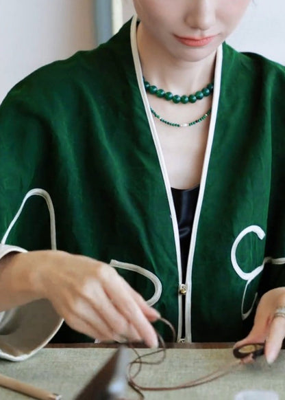 Chinese Style Green V Neck Patchwork Cotton Cardigan Spring