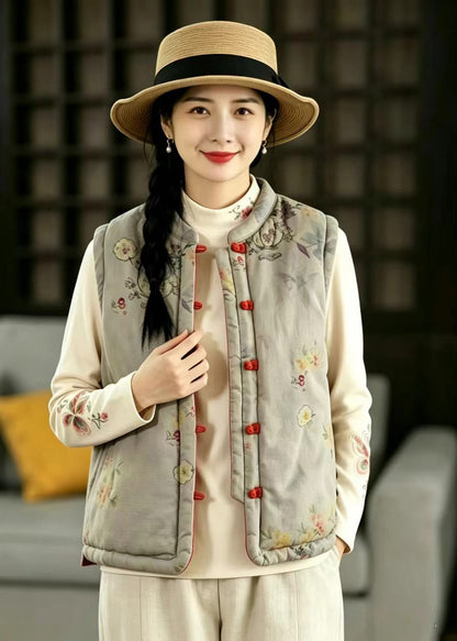 Chinese Style Grey Blue Print Stand Collar Reversible Cotton Filled Vest Fall