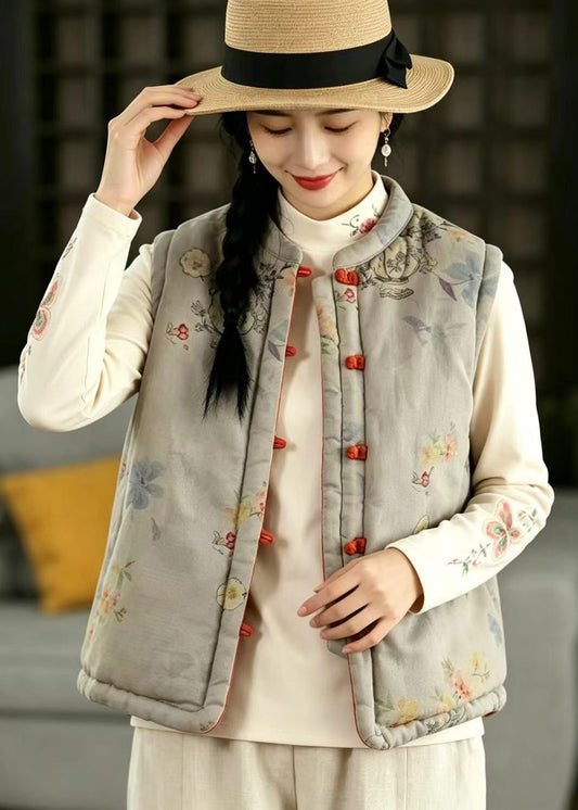 Chinese Style Grey Blue Print Stand Collar Reversible Cotton Filled Vest Fall