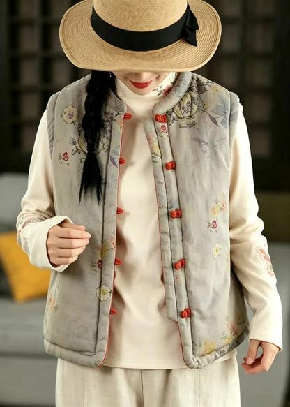 Chinese Style Grey Blue Print Stand Collar Reversible Cotton Filled Vest Fall