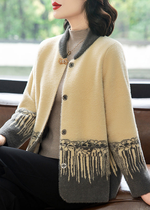 Chinese Style Grey Print Mink Hair Knitted Coat Fall