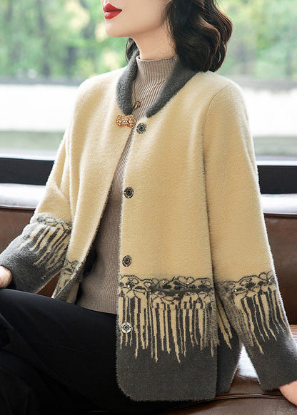 Chinese Style Grey Print Mink Hair Knitted Coat Fall