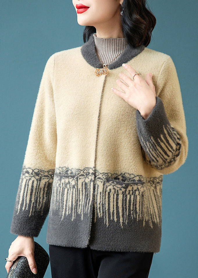 Chinese Style Grey Print Mink Hair Knitted Coat Fall