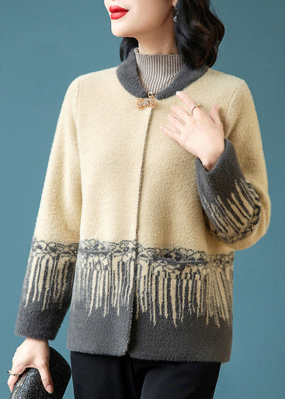 Chinese Style Grey Print Mink Hair Knitted Coat Fall