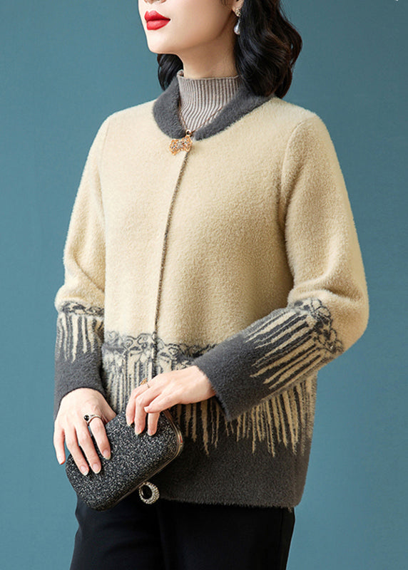 Chinese Style Grey Print Mink Hair Knitted Coat Fall