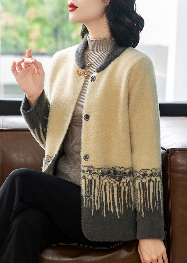Chinese Style Grey Print Mink Hair Knitted Coat Fall