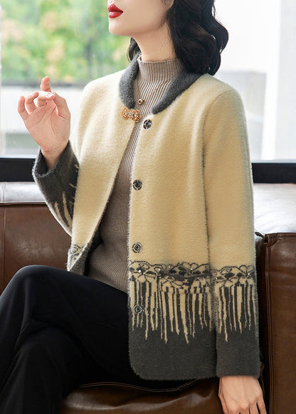 Chinese Style Grey Print Mink Hair Knitted Coat Fall