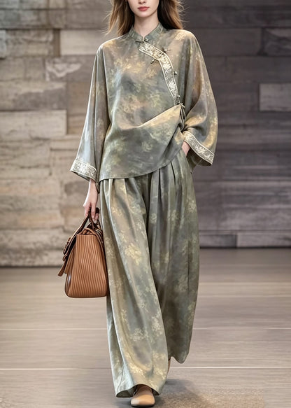 Chinese Style Grey Print Oriental Button Silk Two Pieces Set Fall