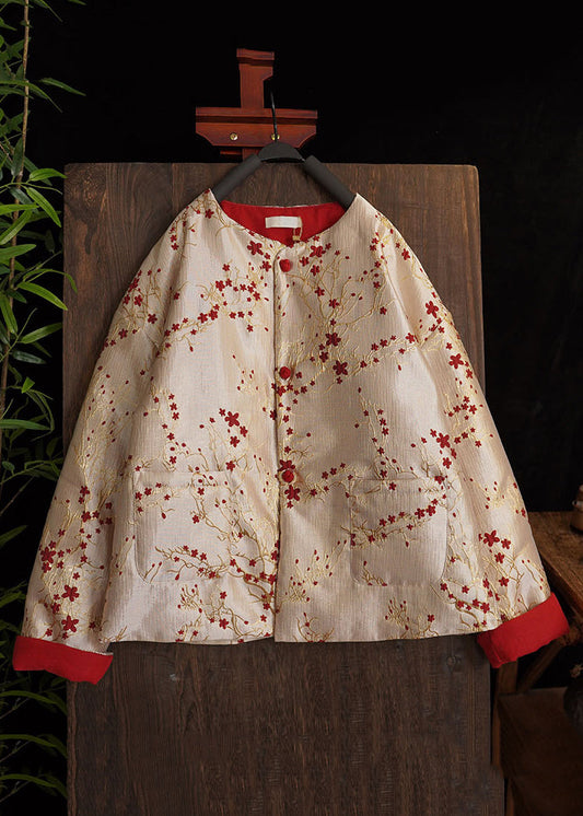 Chinese Style Jacquard Button Pockets Cotton Filled Coats Spring