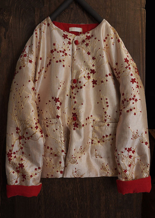 Chinese Style Jacquard Button Pockets Cotton Filled Coats Spring