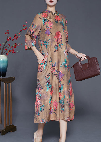 Chinese Style Khaki Print Cheongsam Long Dresses Fall