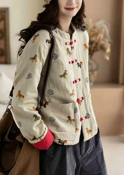 Chinese Style Khaki Stand Collar Pockets Print Cotton Filled Jacket Winter