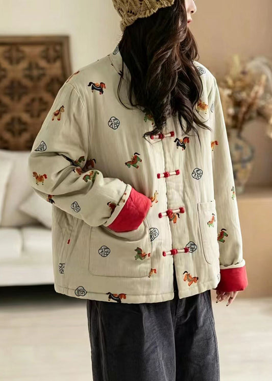 Chinese Style Khaki Stand Collar Pockets Print Cotton Filled Jacket Winter