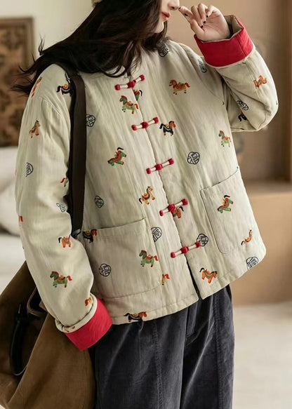 Chinese Style Khaki Stand Collar Pockets Print Cotton Filled Jacket Winter