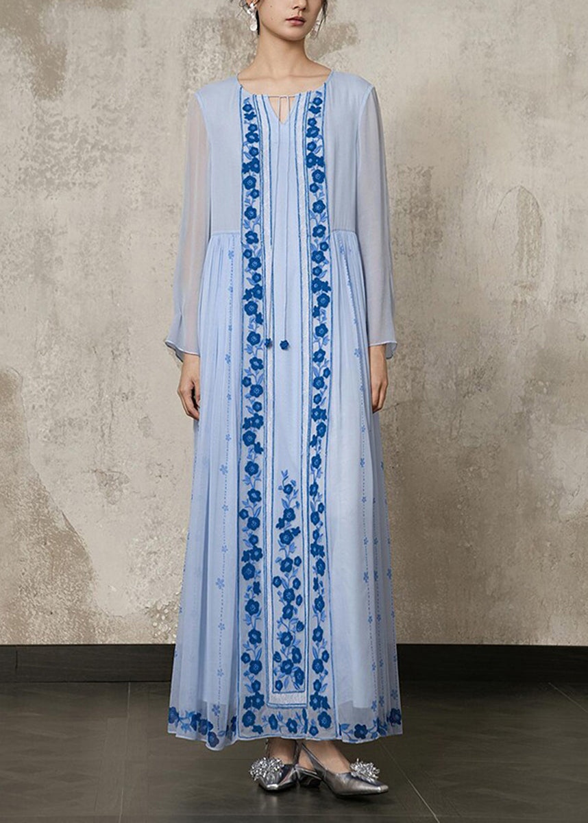 Chinese Style Light Blue Embroidered Lace Up Long Dress Fall