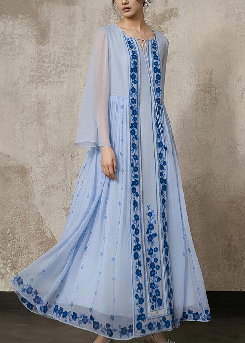 Chinese Style Light Blue Embroidered Lace Up Long Dress Fall