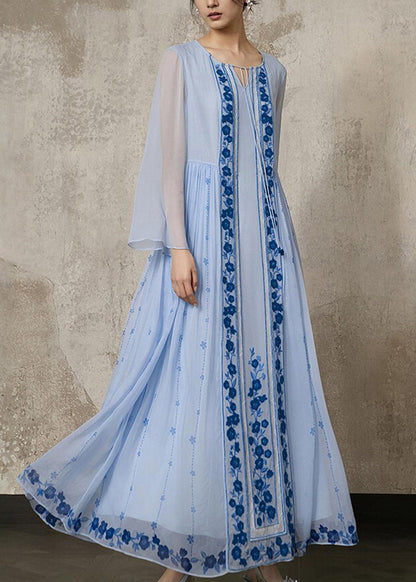 Chinese Style Light Blue Embroidered Lace Up Long Dress Fall