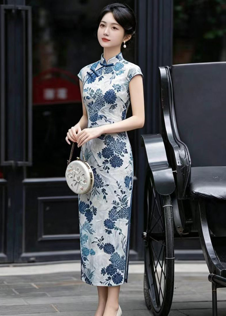Chinese Style Light Blue Mandarin Collar Dress Summer