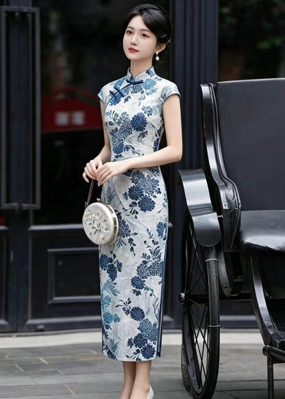 Chinese Style Light Blue Mandarin Collar Dress Summer