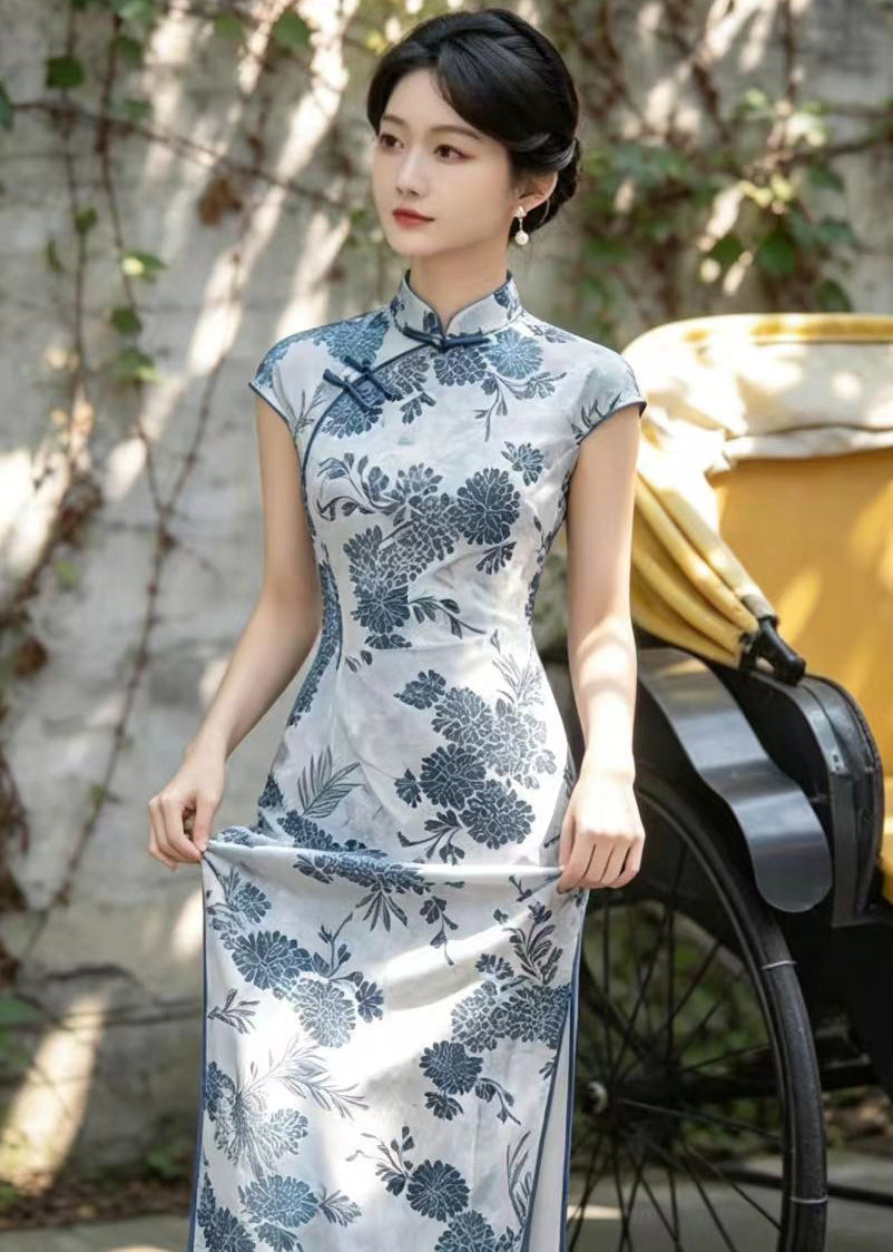 Chinese Style Light Blue Mandarin Collar Dress Summer