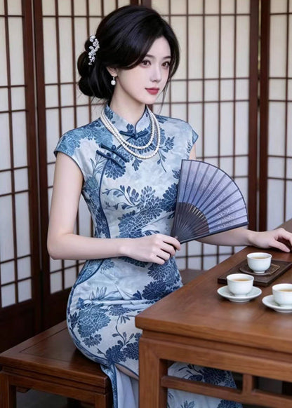 Chinese Style Light Blue Mandarin Collar Dress Summer