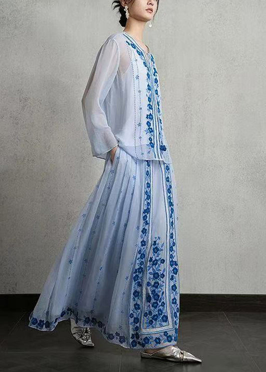 Chinese Style Light Blue O-Neck Top And Modified Mamian Skirt Two Pieces Set Fall