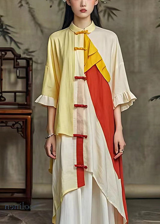 Chinese Style Light Yellow Asymmetrical Patchwork Linen Shirt Dress Summer