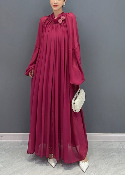Chinese Style Mulberry Floral Wrinkled Chiffon Long Dress Fall
