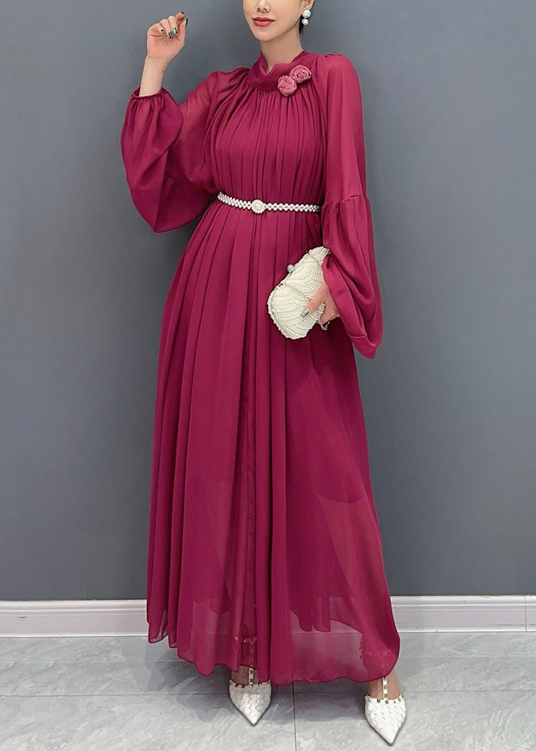 Chinese Style Mulberry Floral Wrinkled Chiffon Long Dress Fall