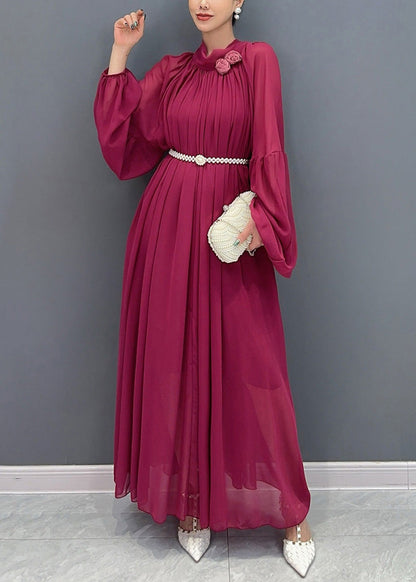 Chinese Style Mulberry Floral Wrinkled Chiffon Long Dress Fall