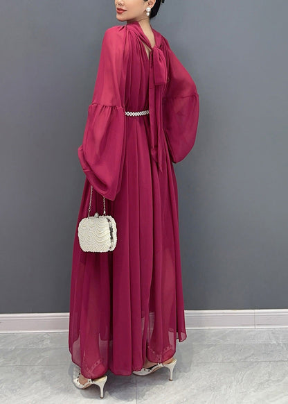Chinese Style Mulberry Floral Wrinkled Chiffon Long Dress Fall