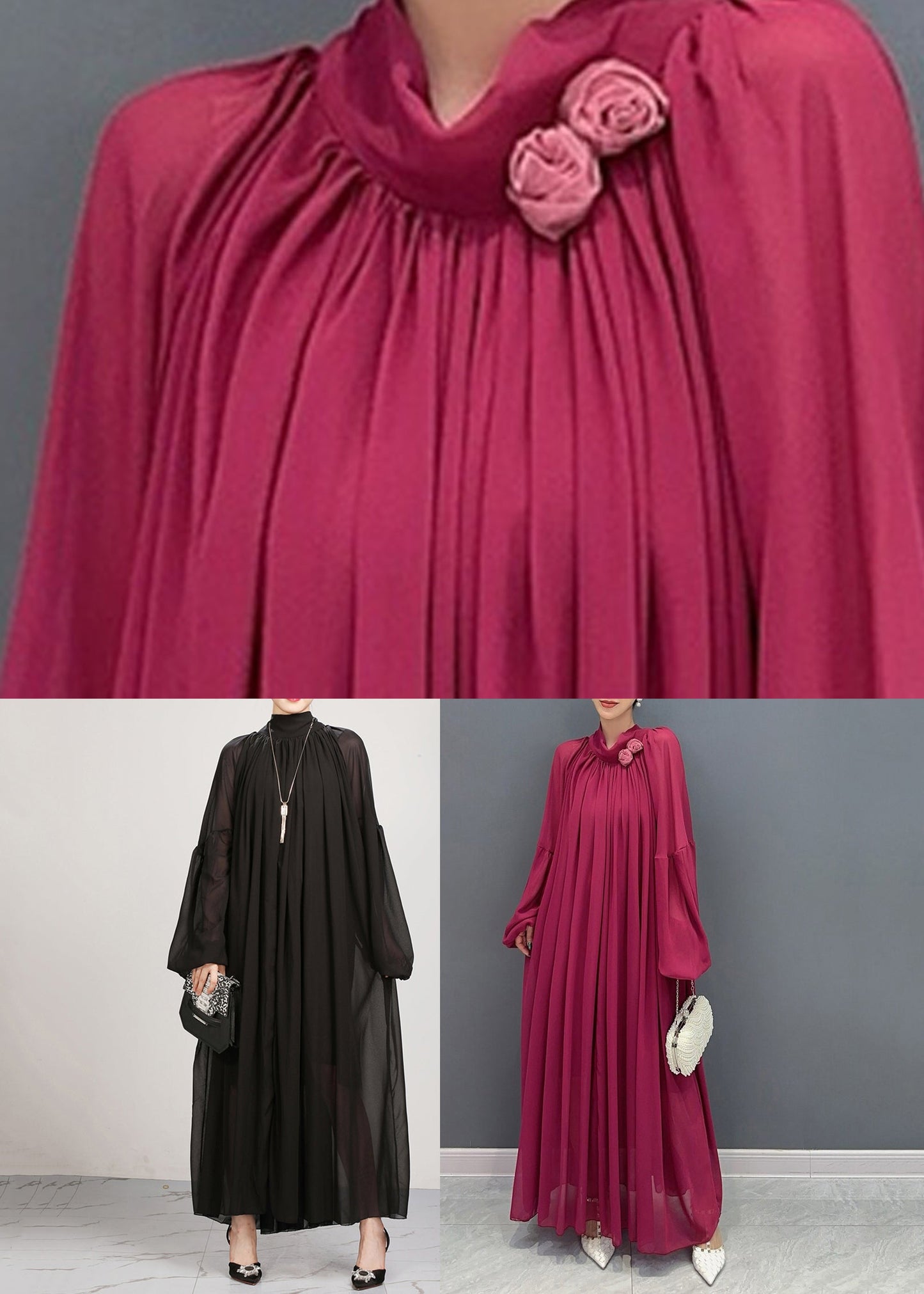 Chinese Style Mulberry Floral Wrinkled Chiffon Long Dress Fall