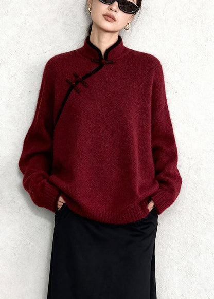 Chinese Style Mulberry Mandarin Collar Warm Knitted Tops Winter