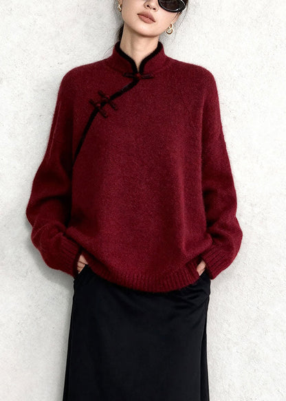 Chinese Style Mulberry Mandarin Collar Warm Knitted Tops Winter