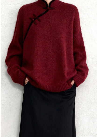 Chinese Style Mulberry Mandarin Collar Warm Knitted Tops Winter